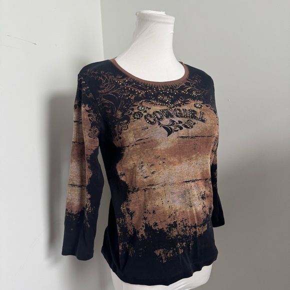 Vintage Y2K Rhinestone “Cowgirl” Graphic Top – Western Rodeo Grunge Shirt L - Picture 3 of 6